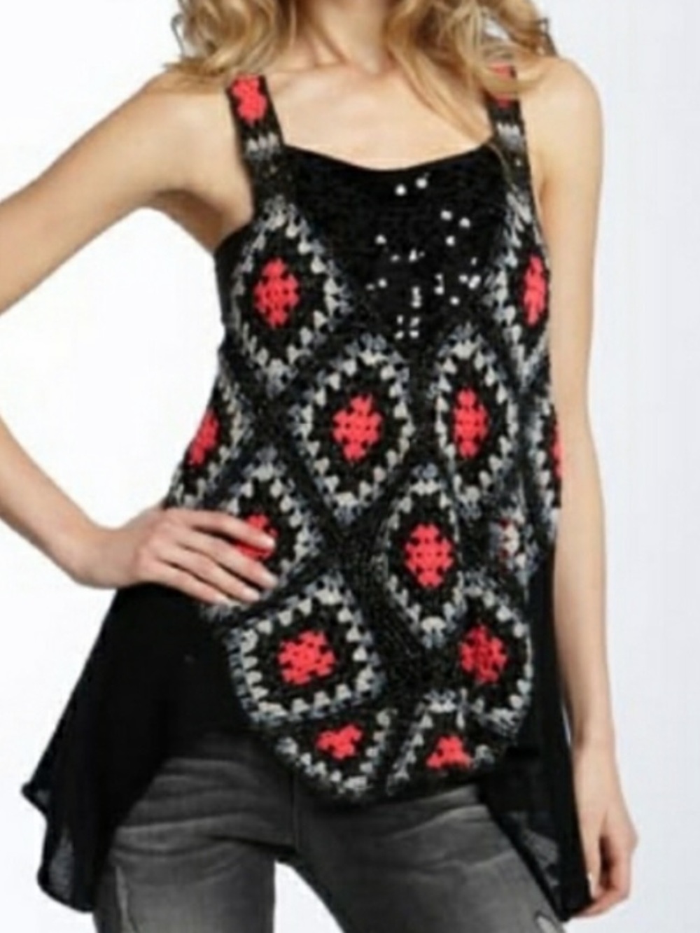 Free People Love Trapeze Tank Top Womens M Black Crochet Sequin Raceback Tunic